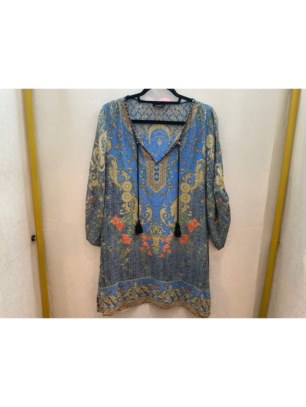 Tolani Blue and Multicolor Silk Tunic Dress with Tassel Ties